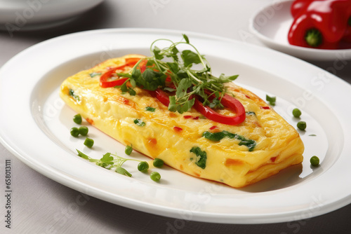 Delicious omelet made with vegetables, served on white plate. Perfect for breakfast or brunch.