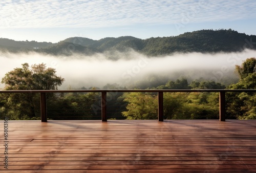 Empty deck overlooking fogcovered countryside. © Goojournoon
