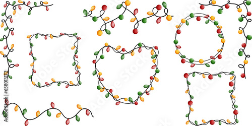  Set of glowing christmas lights and festive ornaments in hand painted design. Christmas lights collection.