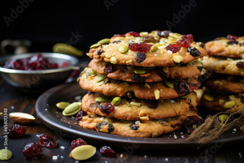 Stack of cookies with nuts and cranberries on plate. Perfect for holiday baking and festive celebrations.
