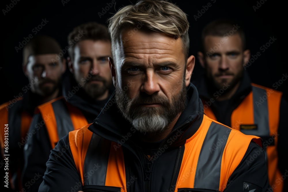 Young man in a safety vest and helmet directing a team of construction workers on-site, Generative AI Young man in a safety vest and helmet directing a team of construction workers on-site, Generative AI
