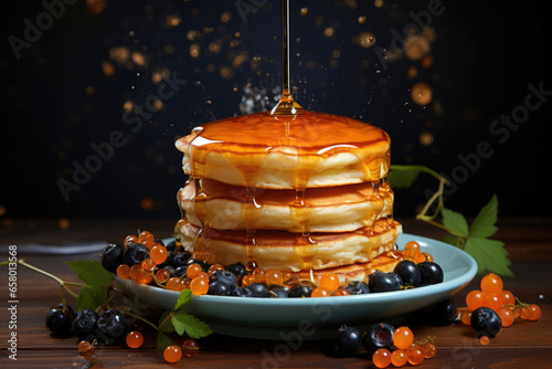 Delicious stack of pancakes topped with syrup and fresh berries. Perfect for breakfast or brunch.