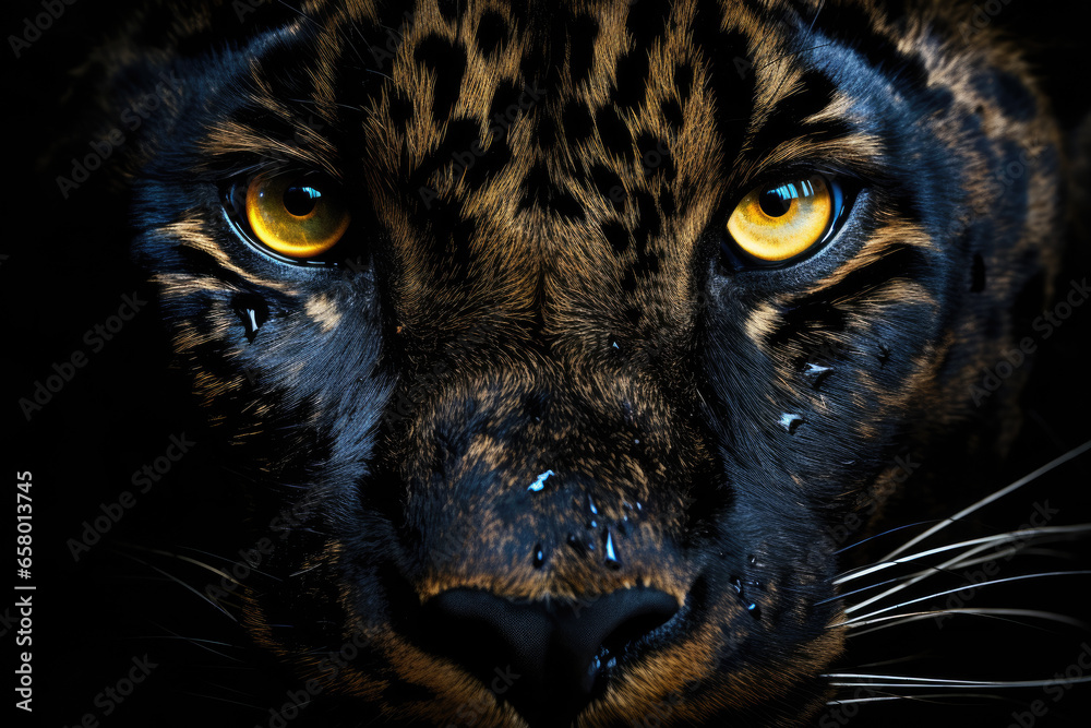 Close-up shot of leopard's face, showing its intense yellow eyes. Perfect for wildlife enthusiasts or animal-themed designs.