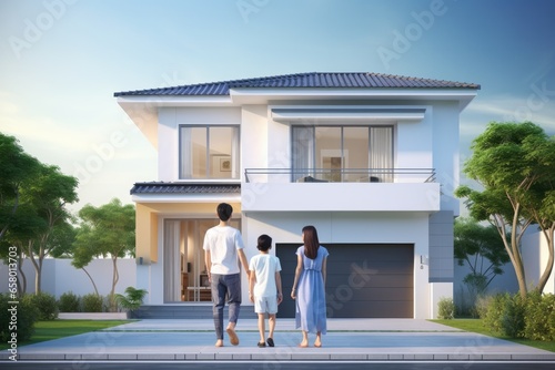 Happy young family standing looking of new house with young girl.