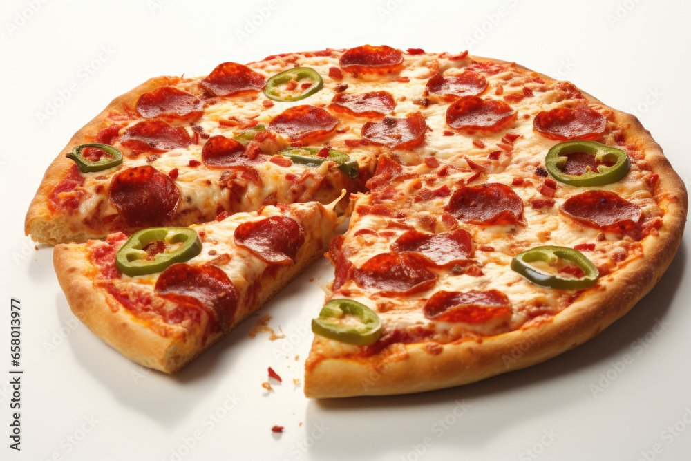 Delicious pepperoni pizza with slice missing. Perfect for food enthusiasts and pizza lovers.