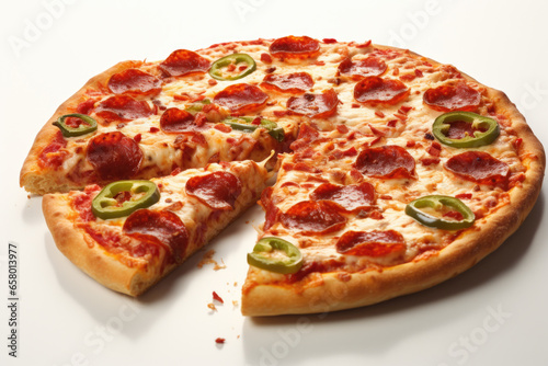Delicious pepperoni pizza with slice missing. Perfect for food enthusiasts and pizza lovers.