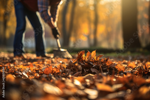 Fotografiet Person is using rake to gather leaves into pile