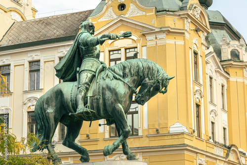 Canvas Print Jan Hunyadi statue on the main square in Pecs,Hungary.
