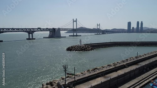 City Lights and Coastal Delights: Aerial Views of Bridge and Lighthouses 광안리 광안대교