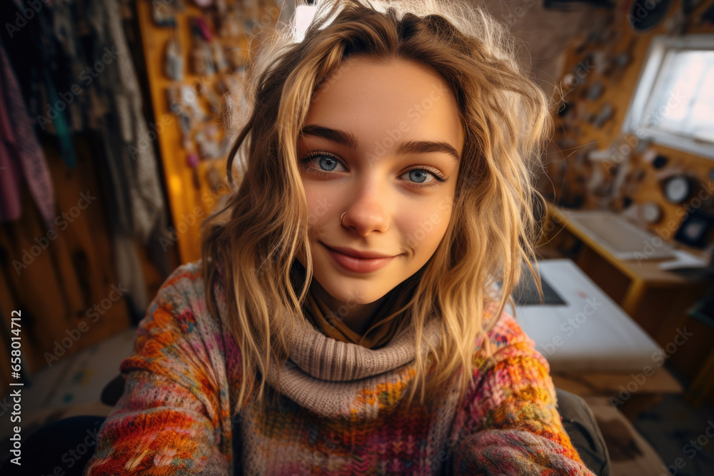 Woman wearing colorful sweater captures selfie. This versatile image can be used to depict modern technology, self-expression, or social media trends. Woman wearing colorful sweater captures selfie. This versatile image can be used to depict modern technology, self-expression, or social media trends.