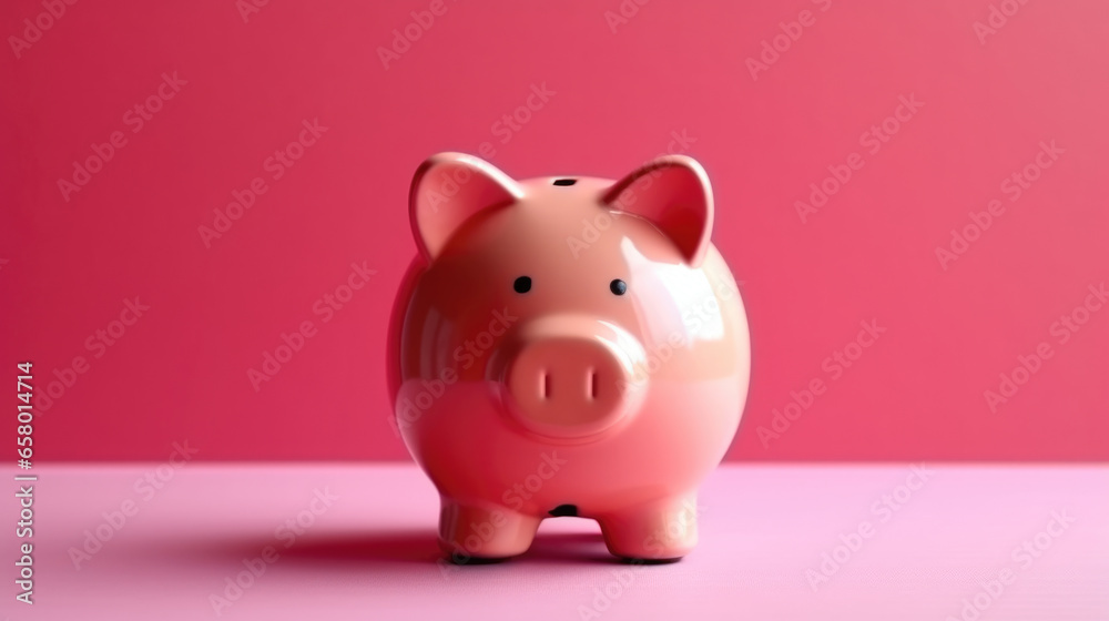Pink piggy bank sitting on top of table. This image can be used to represent savings, finance, or money management.