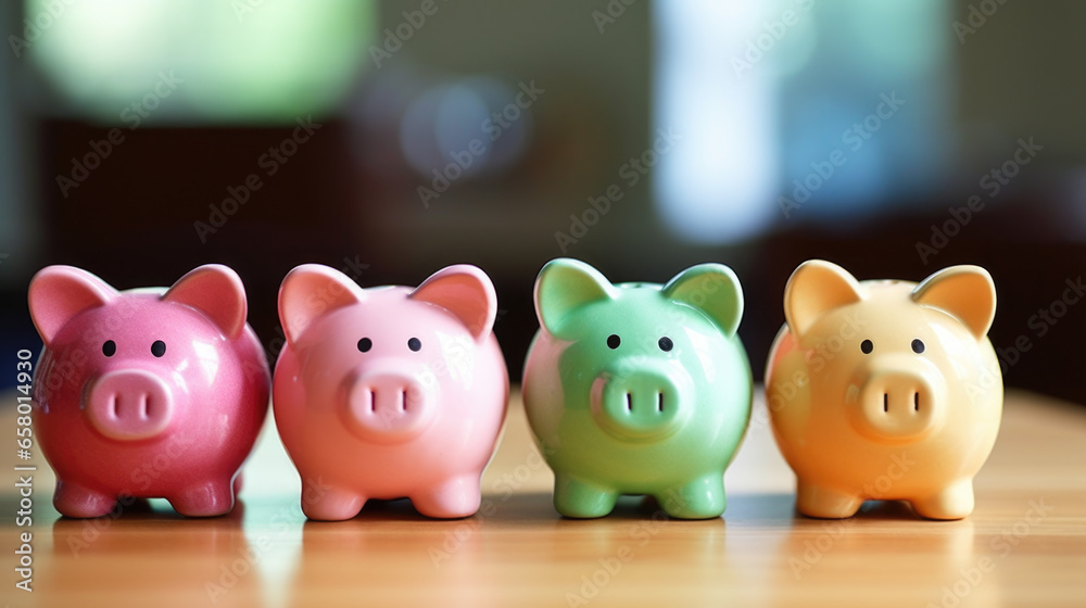 Obraz premium Three piggy banks sitting side by side on table. This image can be used to represent savings, financial planning, or budgeting concepts.