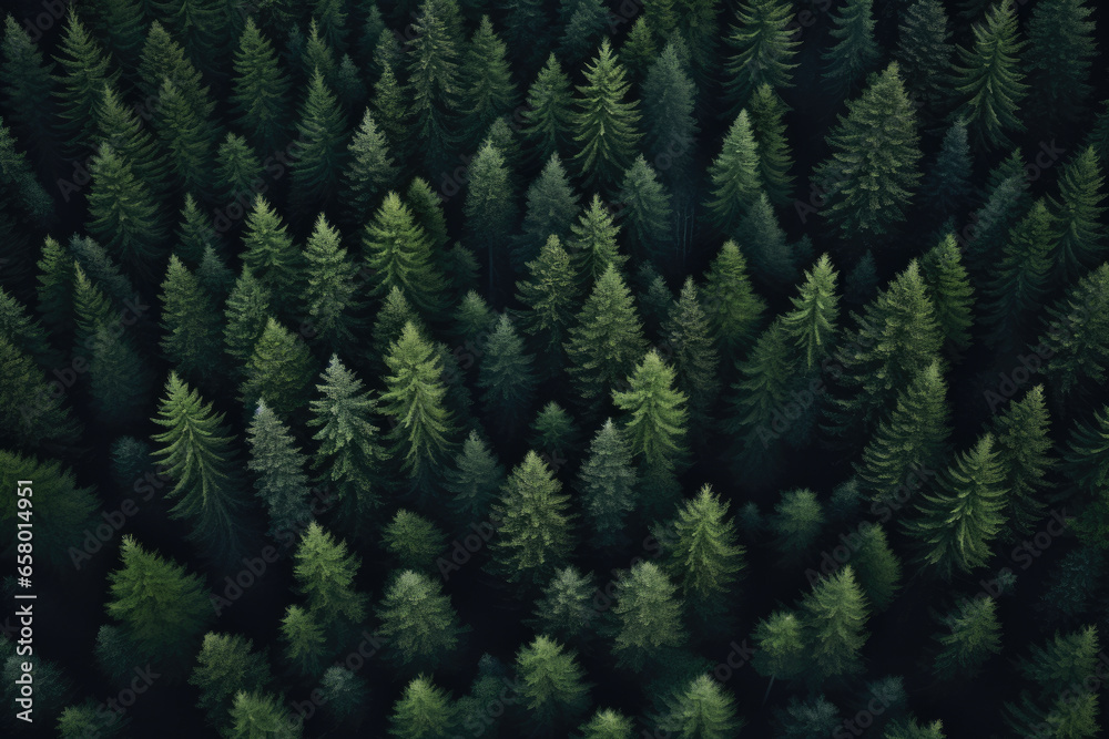 Aerial view of dense forest filled with tall pine trees. This image can be used to depict nature, landscapes, aerial views, forests, or environmental themes.