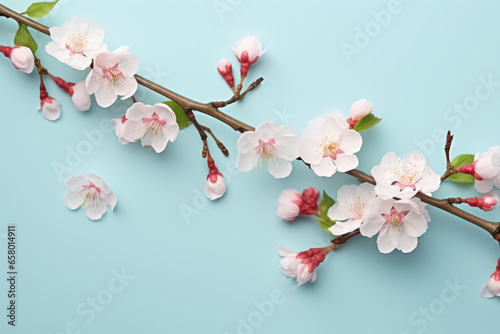 Close-up image of branch from cherry tree with delicate white flowers. This picture can be used to depict beauty of nature or to symbolize arrival of spring. © vefimov
