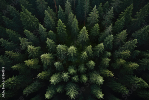 Bird s-eye view of pine forest. This image captures breathtaking beauty of dense forest of towering pine trees. Perfect for nature enthusiasts and landscape photographers.