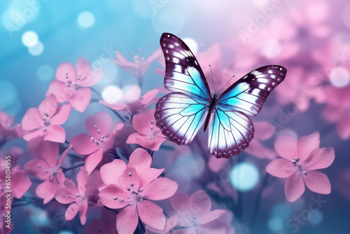 Beautiful blue butterfly perched on top of vibrant pink flowers. Perfect for adding touch of nature and color to any project.