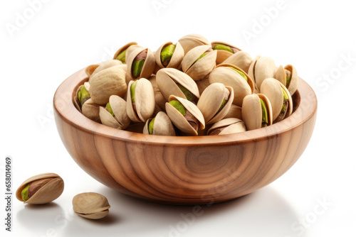 Wooden bowl filled with fresh, delicious pistachios. Perfect for snacking or adding to recipes.