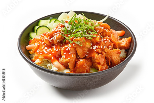 Delicious bowl filled with variety of meat and vegetables on top of bed of rice. Perfect for healthy and satisfying meal. Ideal for food blogs, restaurant menus, and cooking websites.