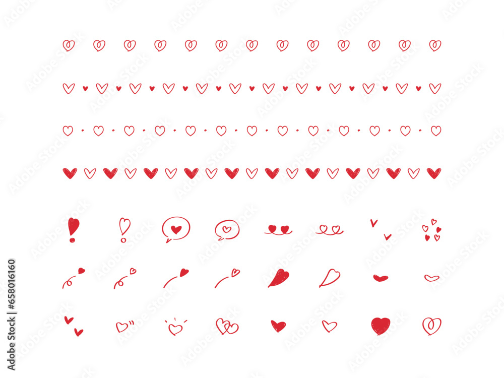手書きのハートの飾り罫・アイコンのセット　赤　ベクター　Hand drawn heart line and icon set
