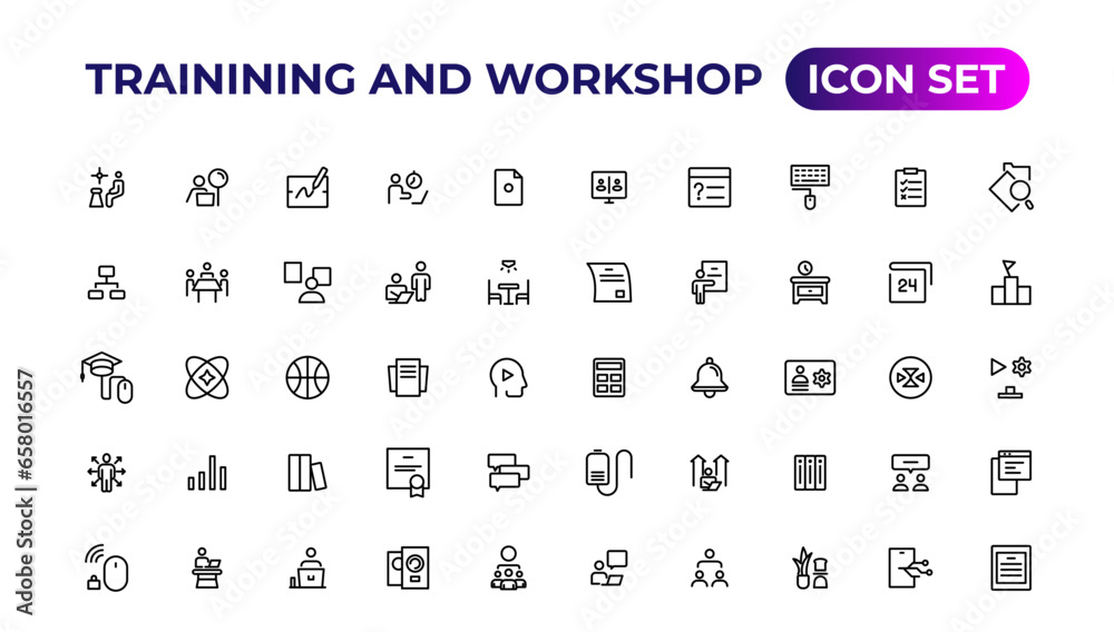 Trainining and workshop icon set. Containing team building, collaboration, teamwork.Outline icon collection. Trainining and workshop icon set. Containing team building, collaboration, teamwork.Outline icon collection.