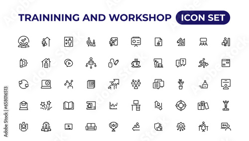 Trainining and workshop icon set. Containing team building, collaboration, teamwork.Outline icon collection.