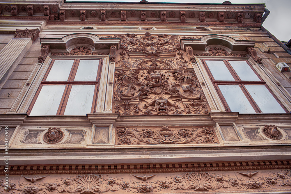 Facade of historical building in the city of Pecs,Hungary.