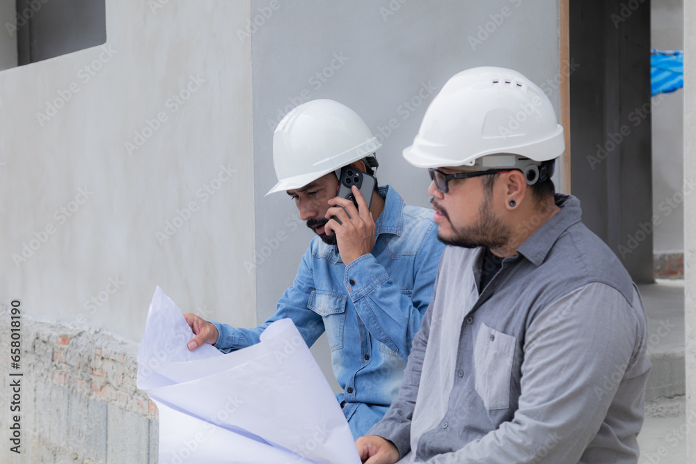 Two Indian engineering people talking with mobile phone to customer in front of construction site hold blueprint paperwork, team Asian foremen wearing white helmet consulting with project supervisor Two Indian engineering people talking with mobile phone to customer in front of construction site hold blueprint paperwork, team Asian foremen wearing white helmet consulting with project supervisor