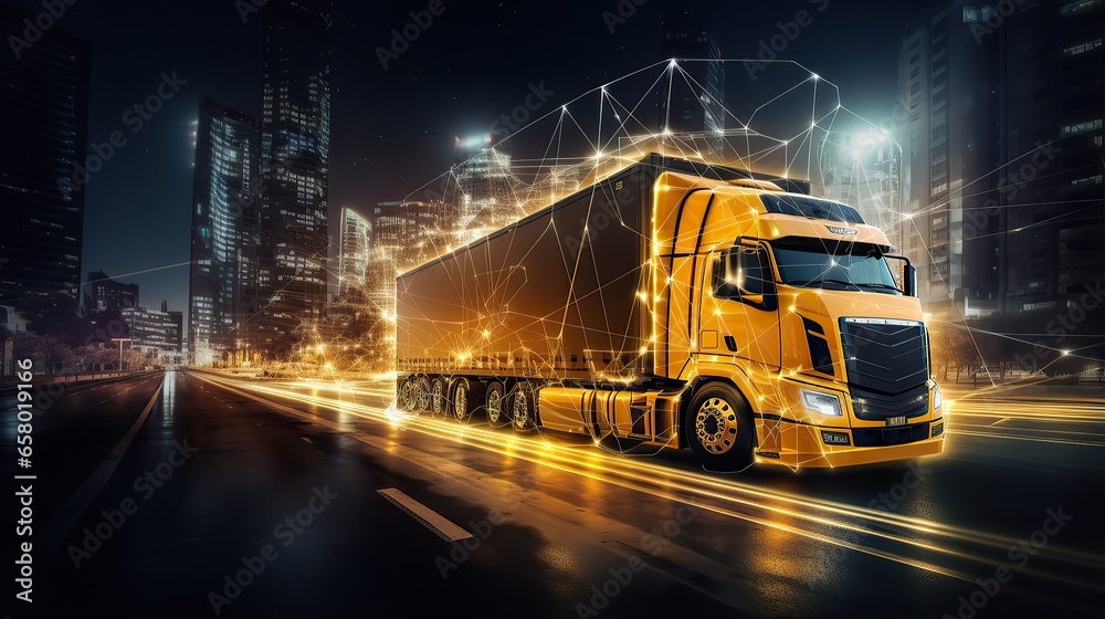Transportation and logistics technology. Global business logistics import export and container cargo truck on highway, transportation industry concept.
