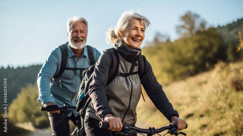 Fototapeta premium Active senior couple cycling outdoors on a road in nature. Travel cycling activity during their active retirement.