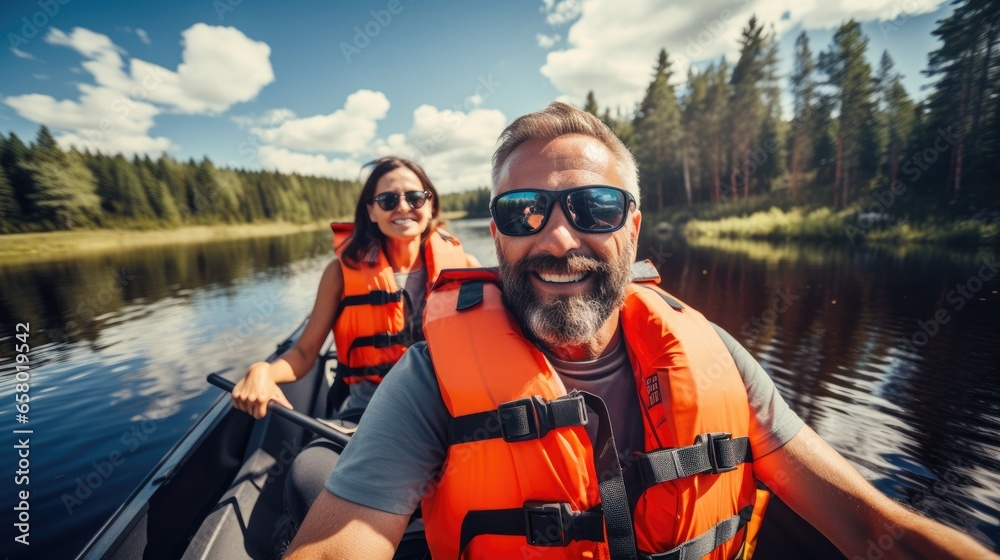 Happy mature couple canoeing in lake. Tourists traveling activity during their active retirement. - obrazy, fototapety, plakaty 