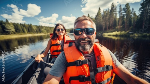 Foto Happy mature couple canoeing in lake