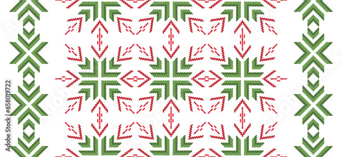 Motif Christmas ethnic handmade beautiful Ikat art. Christmas background. folk embroidery Christmas pattern  Ikat art ornament print. red  green colors. Holly  Mistletoe  poinsettia design.
