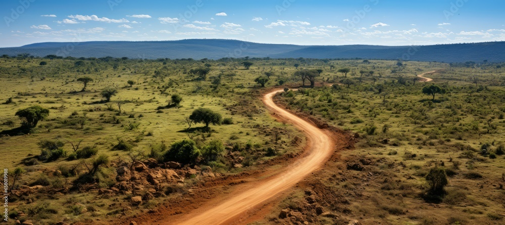 Desert road between the savanna. Generative AI technology.