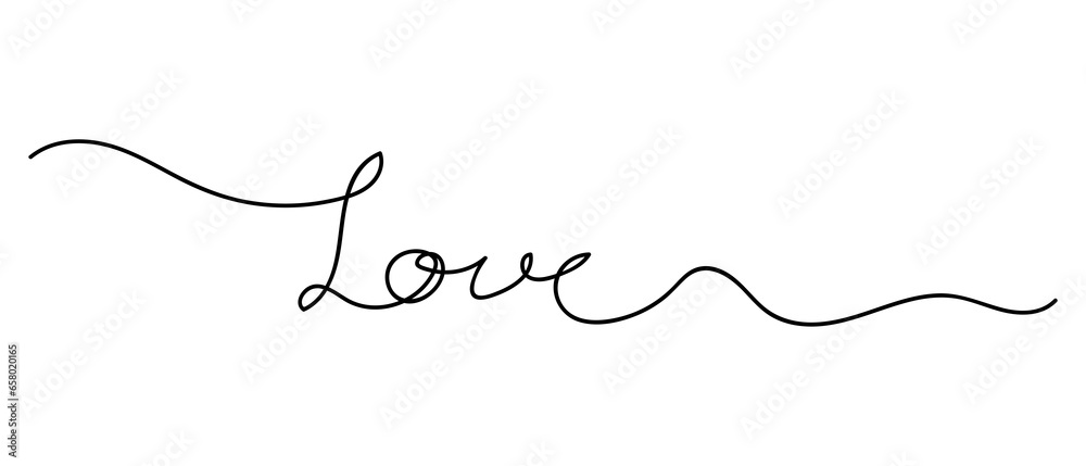 Continuous line drawing art. love text hand drawn with black line - obrazy, fototapety, plakaty 
