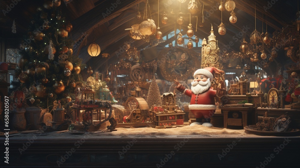 A delightful scene of Santa's workshop, filled with whimsical toys, busy elves, and Santa Claus himself overseeing the preparations for Christmas Eve.
