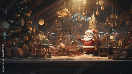 A delightful scene of Santa's workshop, filled with whimsical toys, busy elves, and Santa Claus himself overseeing the preparations for Christmas Eve.