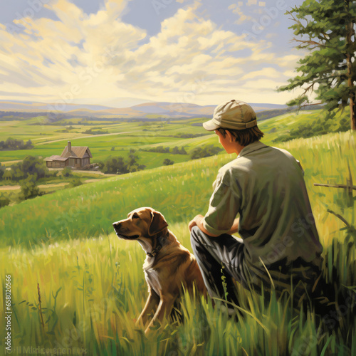 Canine Companionship Amidst Verdant Expanses  A Cynologist and His Trusty Labrador Share a Moment Outdoors photo