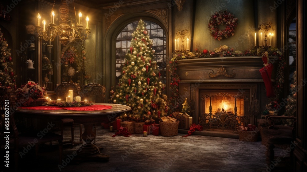 A Photograph capturing the enchantment of Christmas: A cozy scene illuminated by candlelight, with rich reds and greens, a crackling fireplace, and twinkling ornaments adorning a majestic tree .