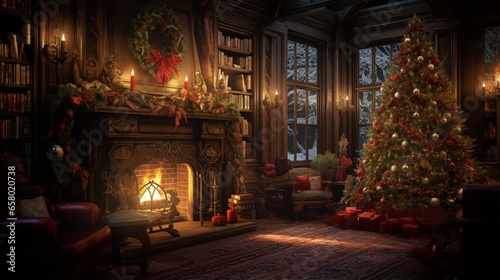 A Photograph capturing the enchantment of Christmas: A cozy scene illuminated by candlelight, with rich reds and greens, a crackling fireplace, and twinkling ornaments adorning a majestic tree .