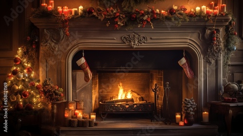 A Photograph capturing the warm glow of a cozy Christmas fireplace, adorned with rustic decorations and flickering candlelight .
