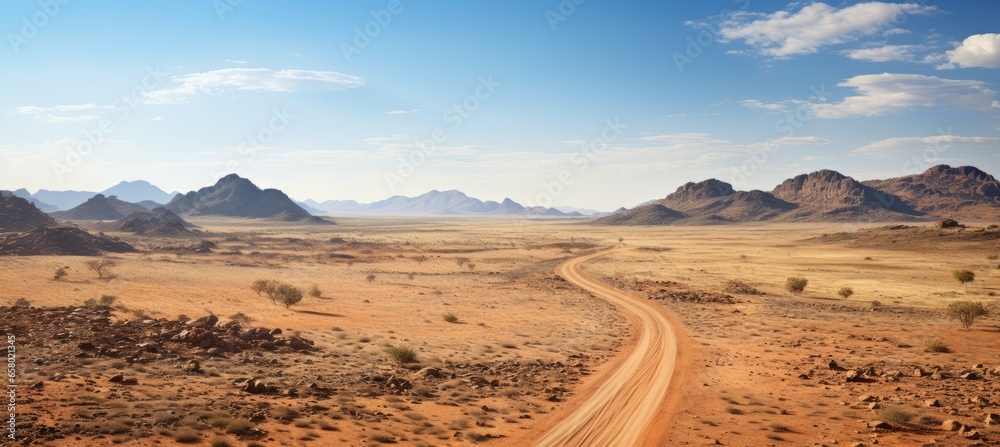 Desert route with mountains landscape view. Generative AI technology.	
