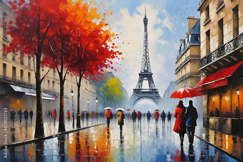 Paris Street View Eiffel Tower, Red Umbrella, and Tree in Oil Painting