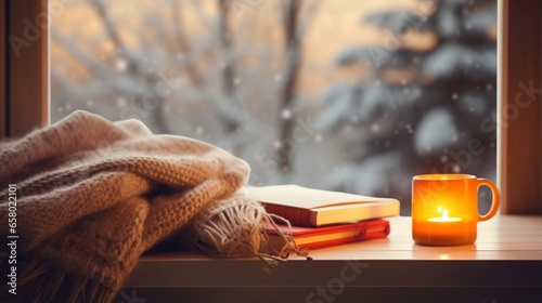 Christmas background. A cup of tea, books, a candle and a knitted scarf on the window background .
