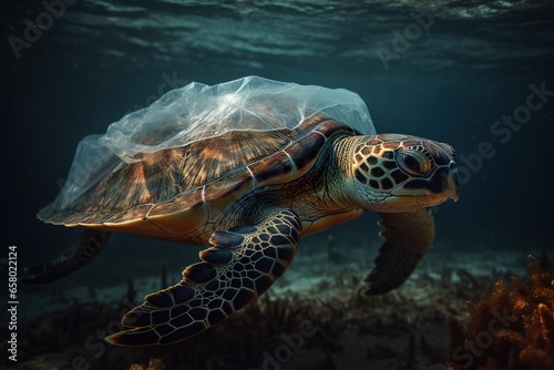 Green sea turtle in a plastic bag on a coral reef in the ocean