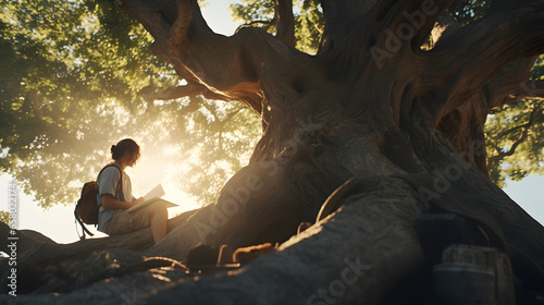 a woman sitting and writing at the root of a large tree with sunlight photo