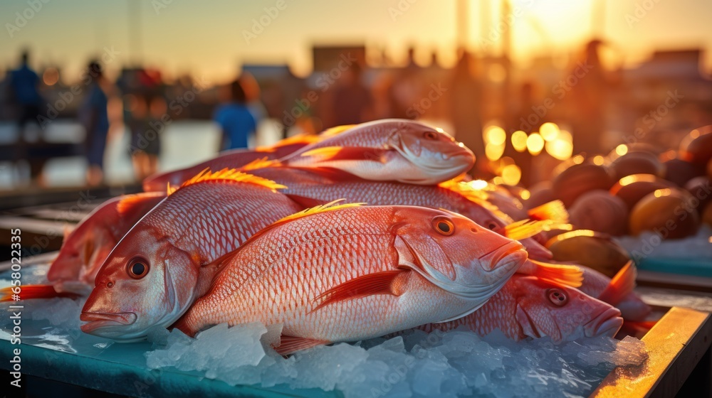 Fresh fish ready for sale at the fisherman's counter - obrazy, fototapety, plakaty 