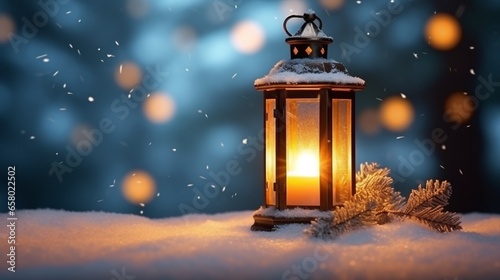 Christmas lantern on snow with fir branch in evening scene .
