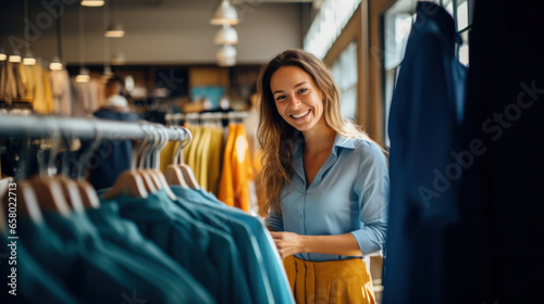 Woman shopping for clothes, trying on clothes, looking around a clothing store © piknine