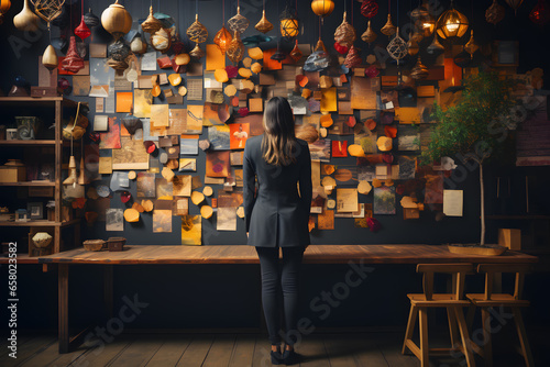 Woman stand infron  a sticky note wall, makes resolutions for the new year ai generated art.