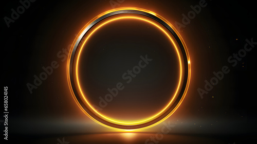 shiny and glowing golden ring flying on dark background